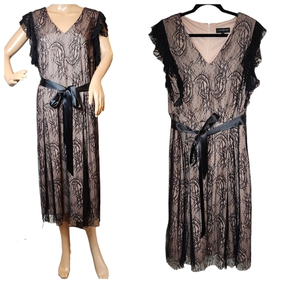 Lane Bryant nude black lace midi dress stretch waist flutter Sleeve Size 16 - Picture 1 of 16